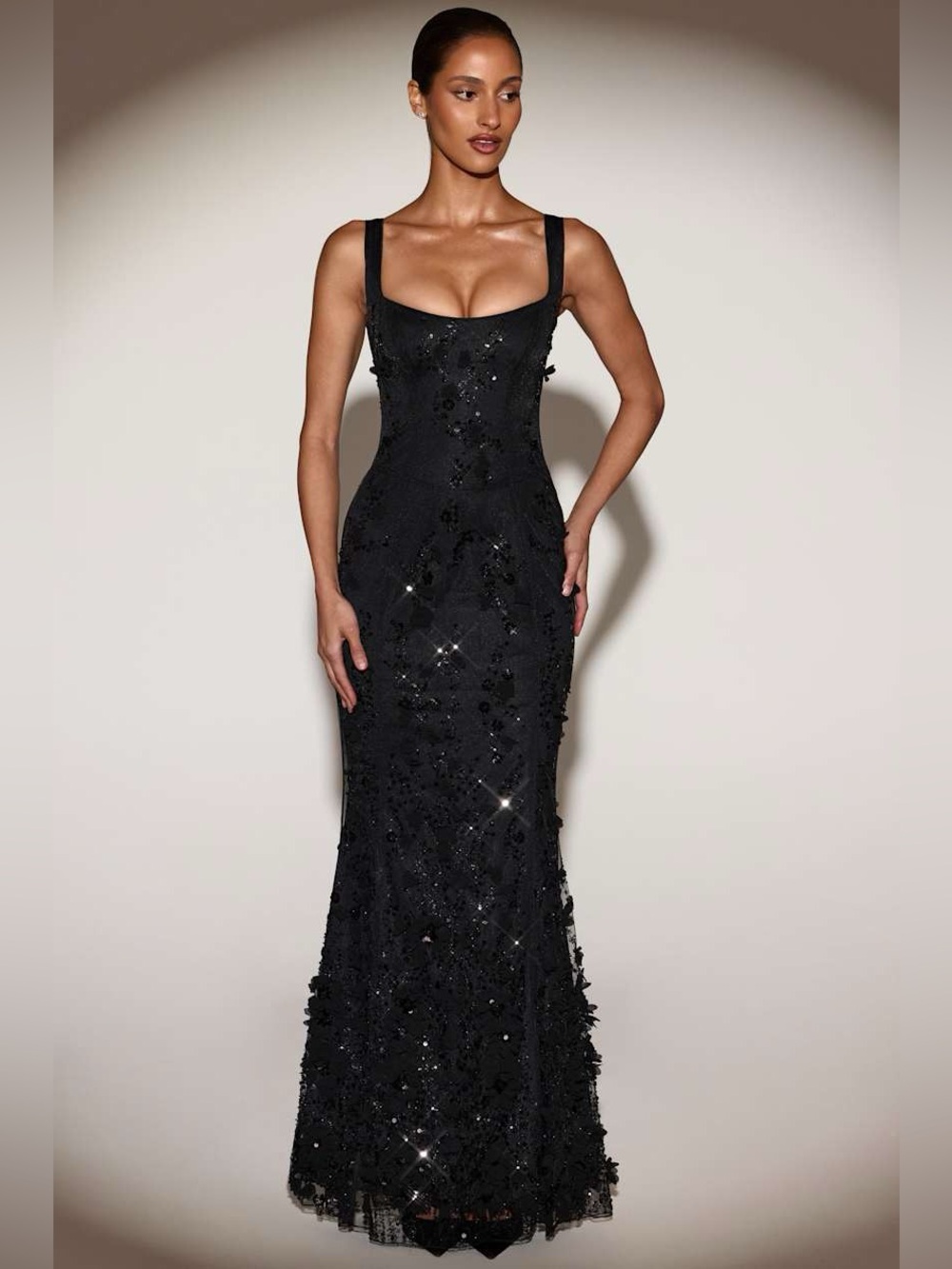 Oh Polly Vasanta Embellished Appliqué corset Gown in Black
